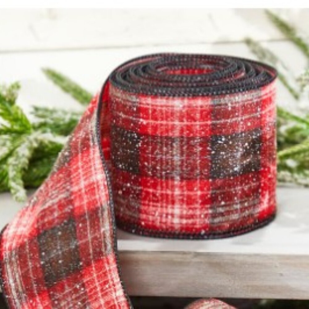 Snowy Plaid Decorative Christmas Ribbon 4" NEW